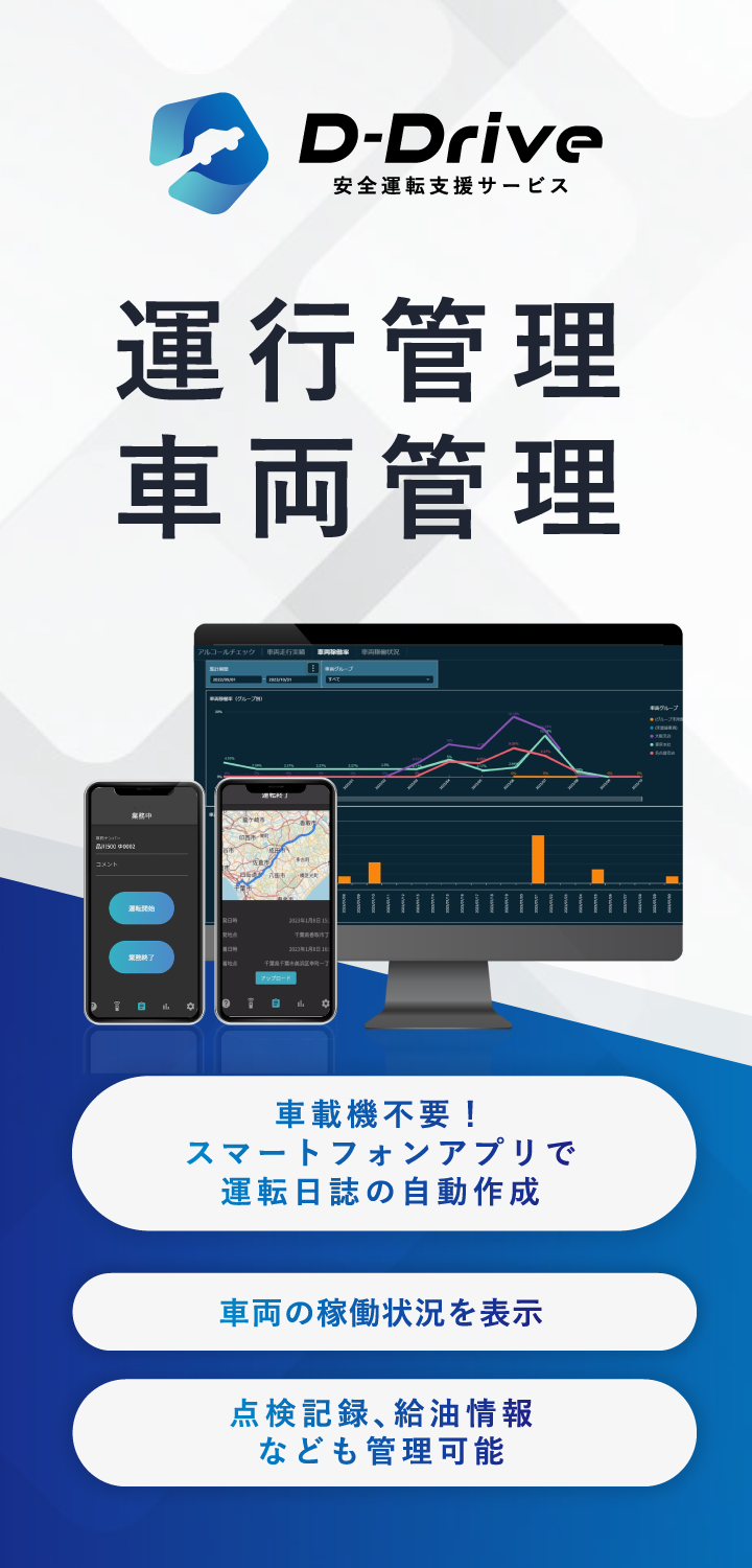 運行管理　車両管理　車載機不要　スマートフォンアプリで運転日誌の自動作成　車両の稼働状況を表示　点検記録、給油情報なども管理可能